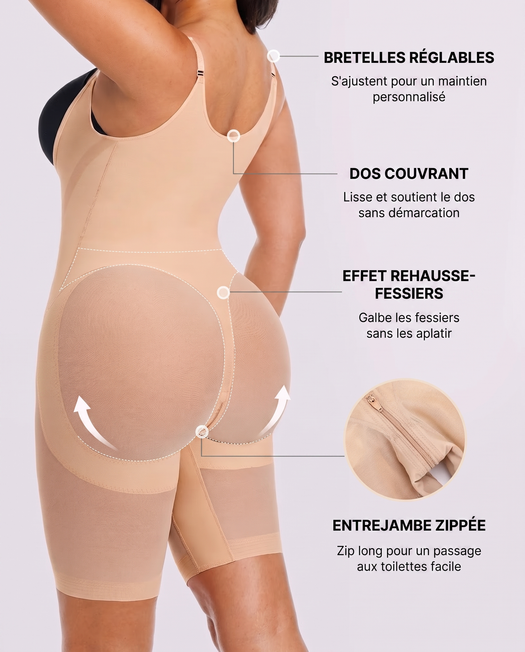Voile Respirant Beige - infographie bretelles dos rehausse zip