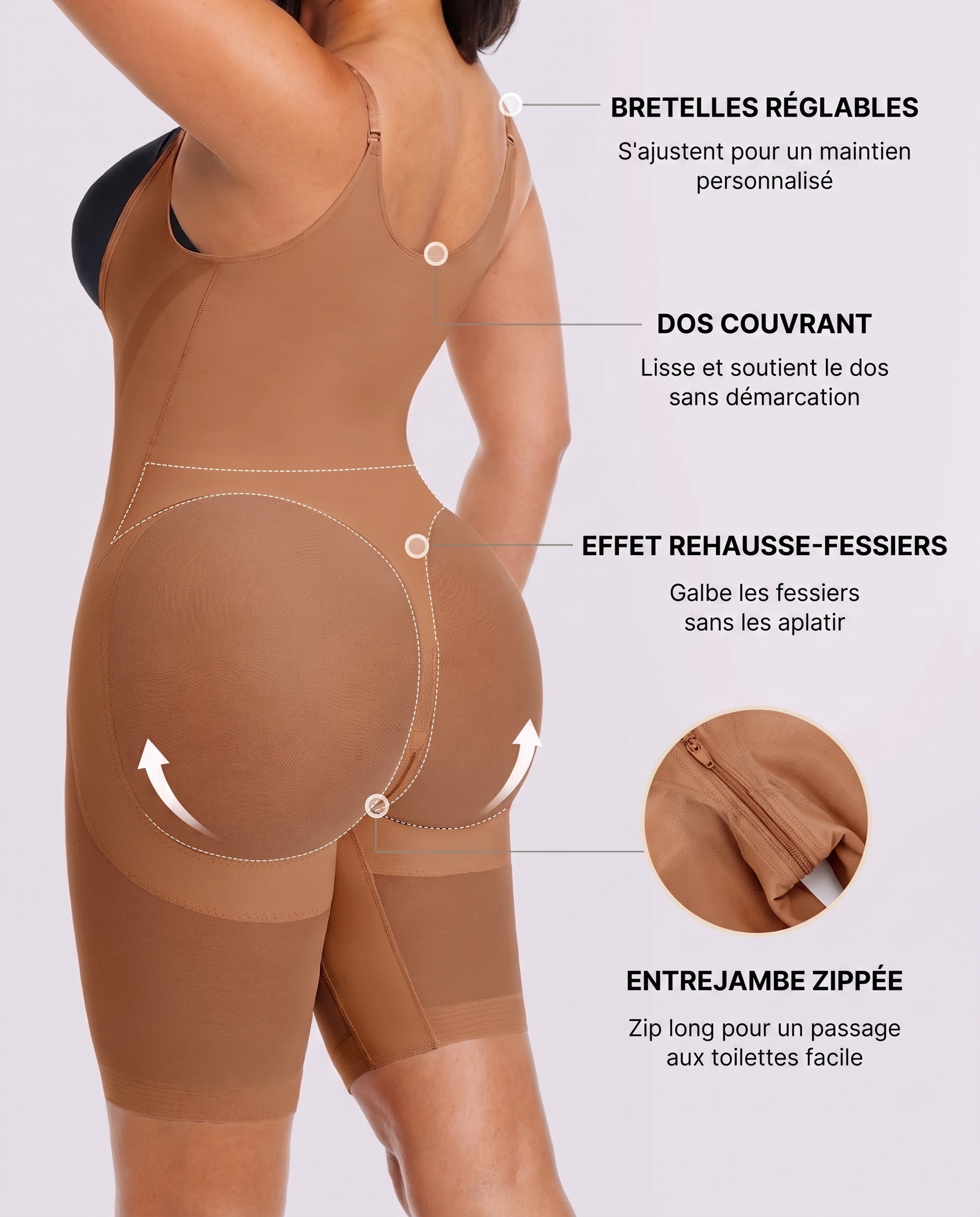 Voile Respirant Marron - infographie bretelles dos rehausse zip
