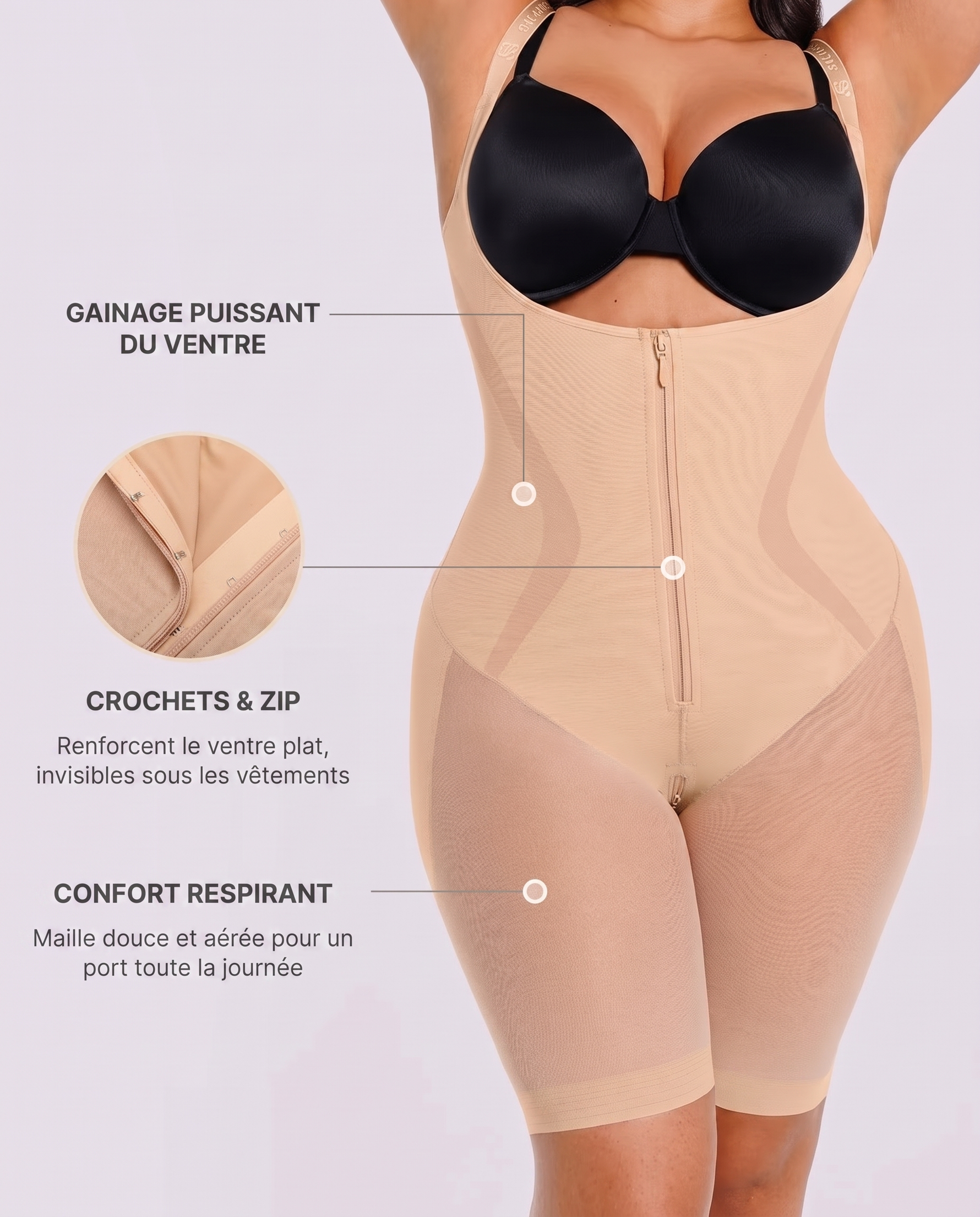 Voile Respirant Beige - infographie gainage crochets confort
