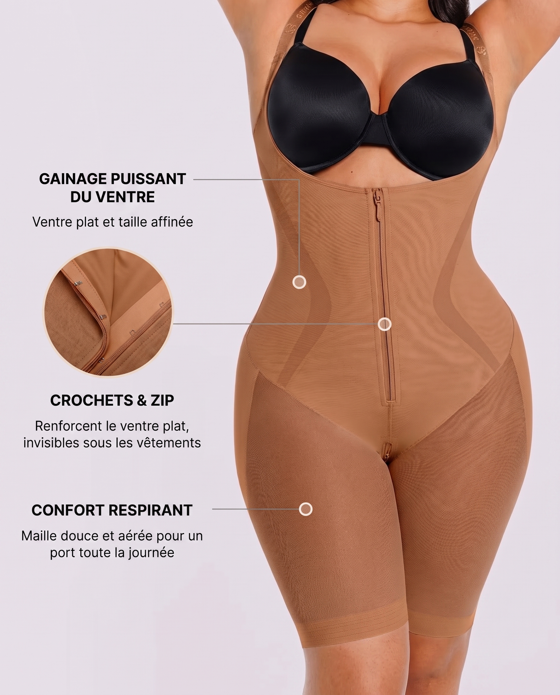 Voile Respirant Marron - infographie gainage crochets confort
