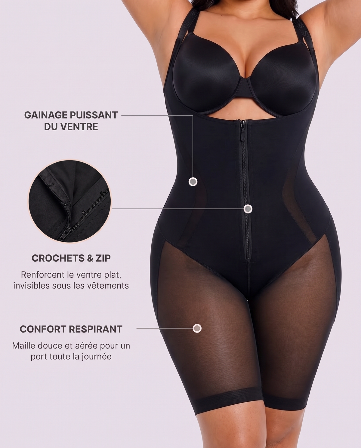 Voile Respirant Noir - infographie gainage crochets confort