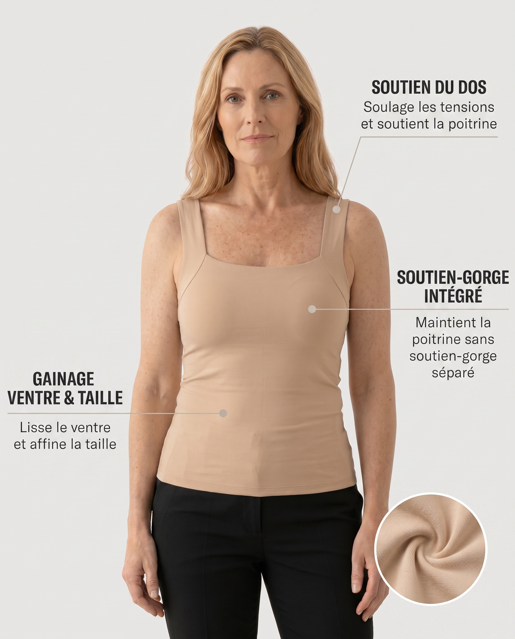 Débardeur gainant beige - infographie soutien-gorge gainage dos