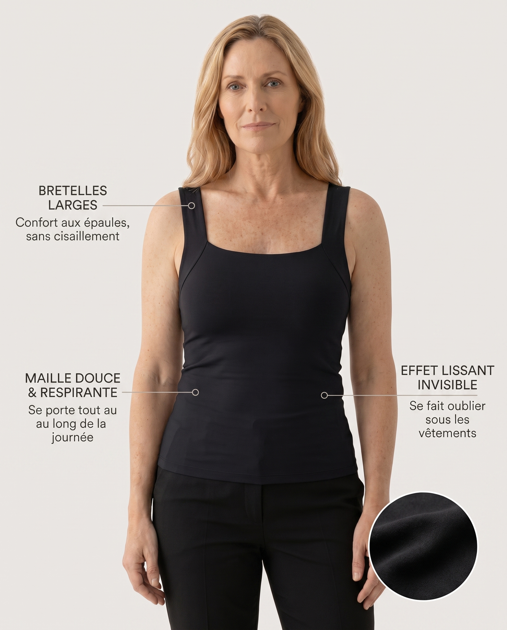 Débardeur gainant noir - infographie bretelles maille invisible